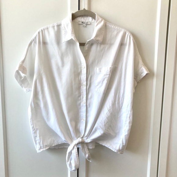 Madewell short sleeve tie front button down shirt in white - Picture 9 of 14